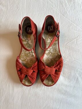 Fly London Women's Orange-Red Knot Front Ankle Strap Sandals